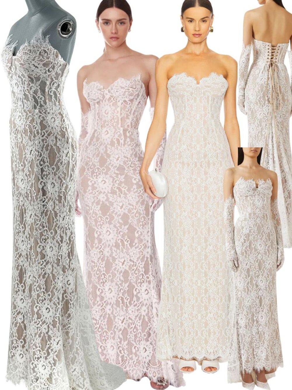 🆕 BRONX & BANCO 🧿 NWOT Kiera White Lace Bridal Gown with Gloves - Sz M US 6